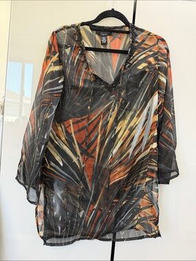 Cejon Sheer V-Neck Tunic in Black, Orange & Gold Leaf Print